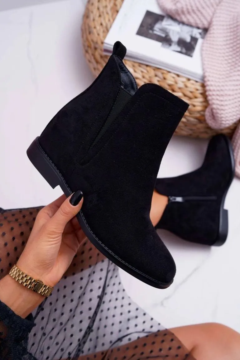 Botki Damskie na Koturnie Zamsz Czarne Tema