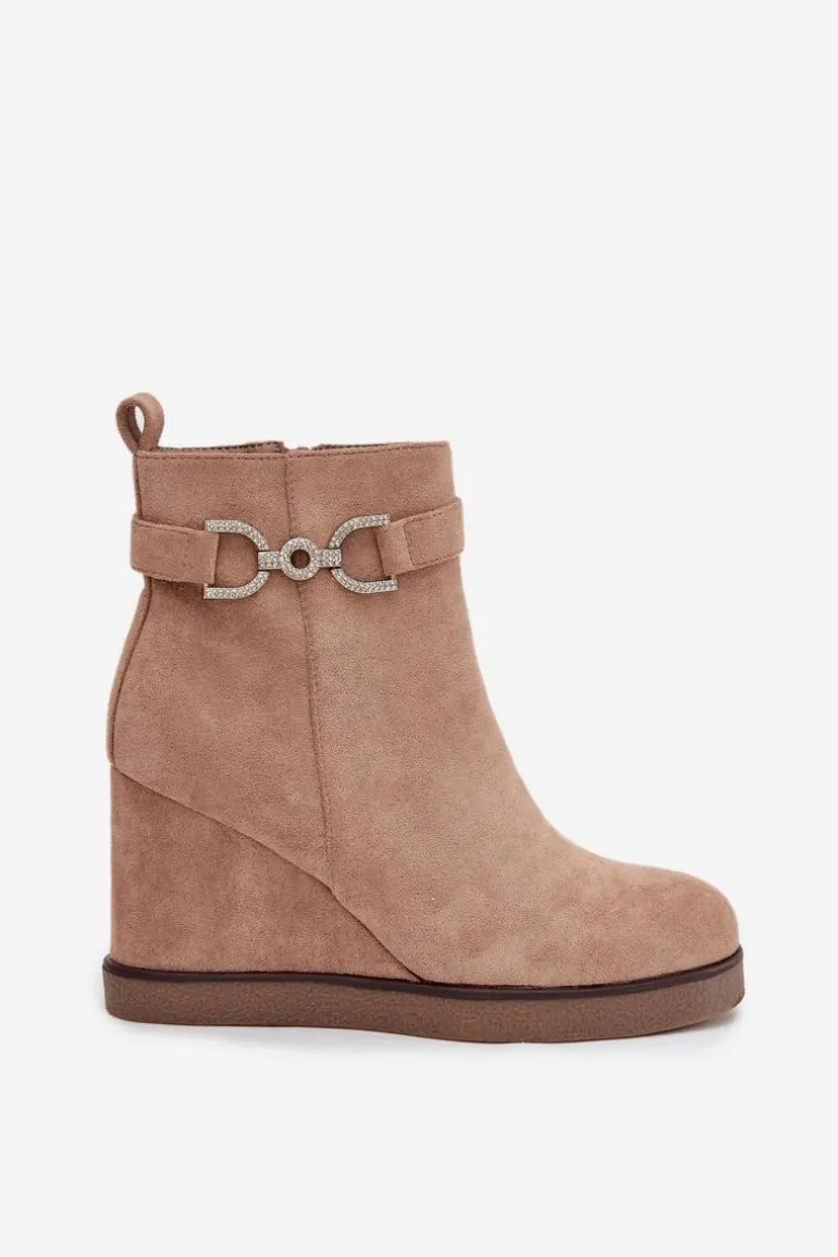 Botki Damskie Na Koturnie Z Ozdobnym Detalem Beżowe Marivana