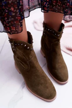 Botki Damskie Na Koturnie Płaski Obcas Ocieplane Za Kostkę Oliwkowe Deminis