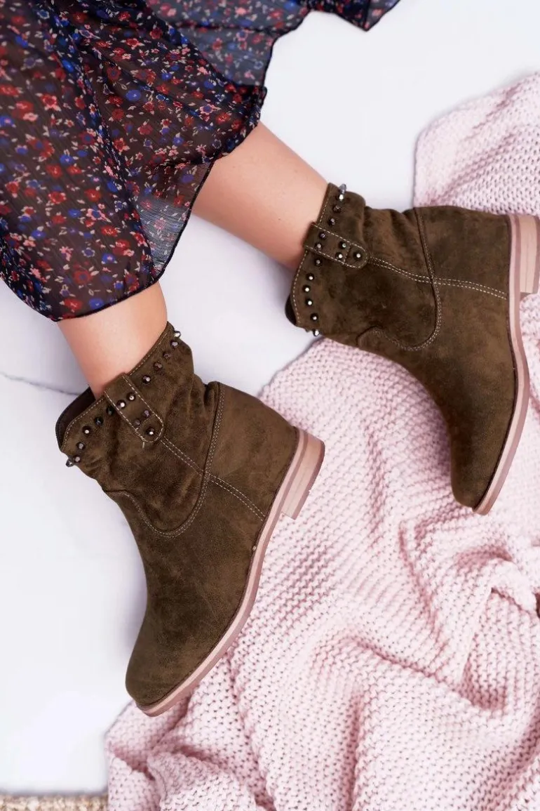 Botki Damskie Na Koturnie Płaski Obcas Ocieplane Za Kostkę Oliwkowe Deminis