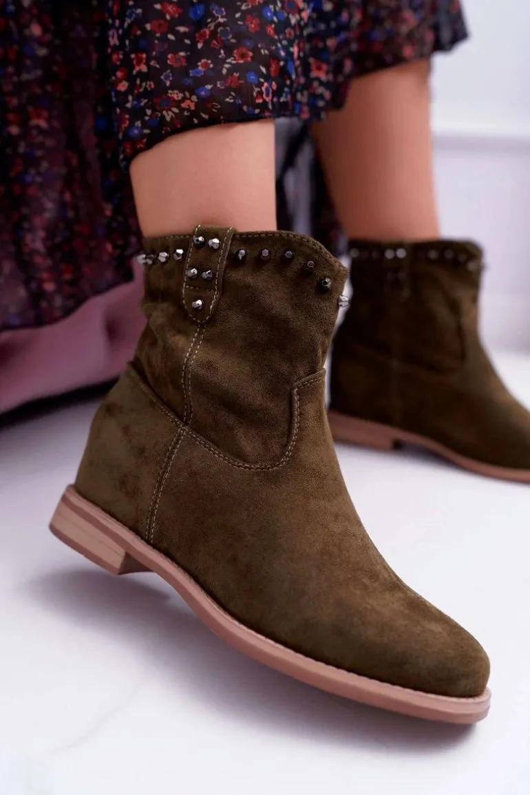 Botki Damskie Na Koturnie Płaski Obcas Ocieplane Za Kostkę Oliwkowe Deminis