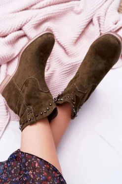 Botki Damskie Na Koturnie Płaski Obcas Ocieplane Za Kostkę Oliwkowe Deminis