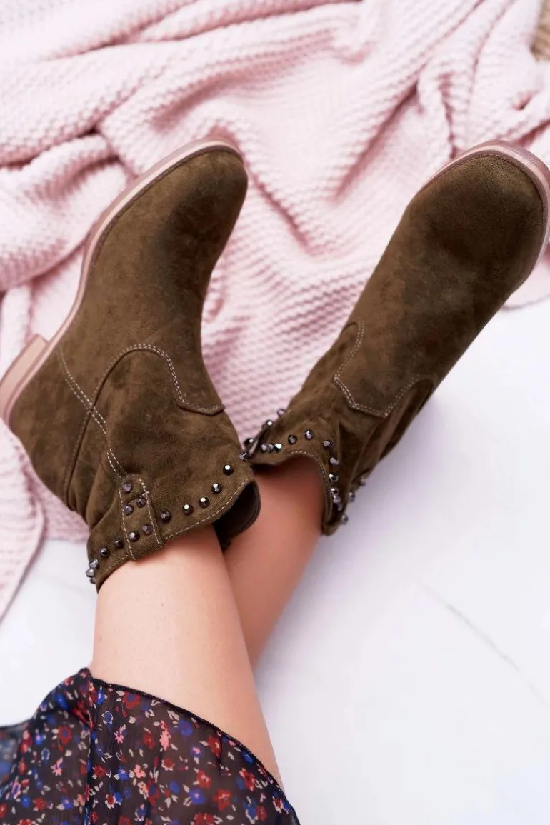 Botki Damskie Na Koturnie Płaski Obcas Ocieplane Za Kostkę Oliwkowe Deminis