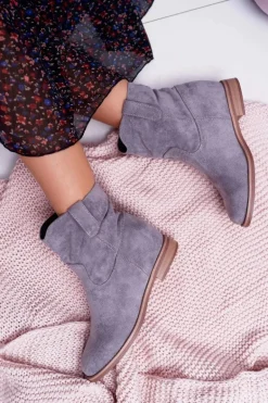 Botki Damskie Na Koturnie Płaski Obcas Ocieplane Za Kostkę Szare Demini