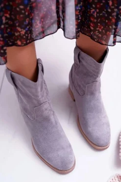 Botki Damskie Na Koturnie Płaski Obcas Ocieplane Za Kostkę Szare Demini