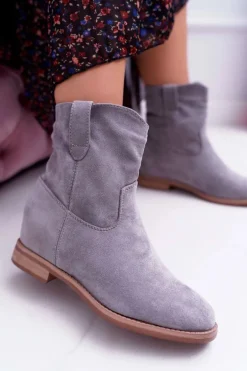 Botki Damskie Na Koturnie Płaski Obcas Ocieplane Za Kostkę Szare Demini