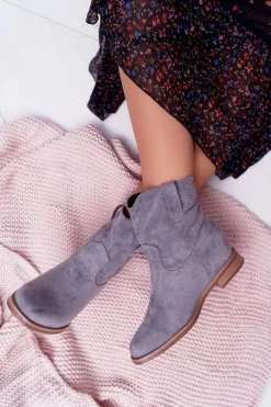 Botki Damskie Na Koturnie Płaski Obcas Ocieplane Za Kostkę Szare Demini