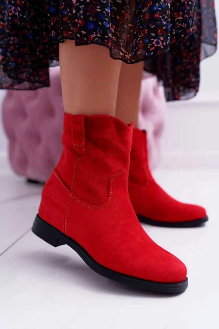 Botki Damskie Na Koturnie Płaski Obcas Ocieplane Za Kostkę Czerwone Demini