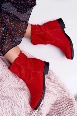 Botki Damskie Na Koturnie Płaski Obcas Ocieplane Za Kostkę Czerwone Demini