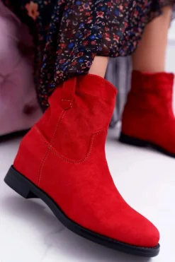 Botki Damskie Na Koturnie Płaski Obcas Ocieplane Za Kostkę Czerwone Demini