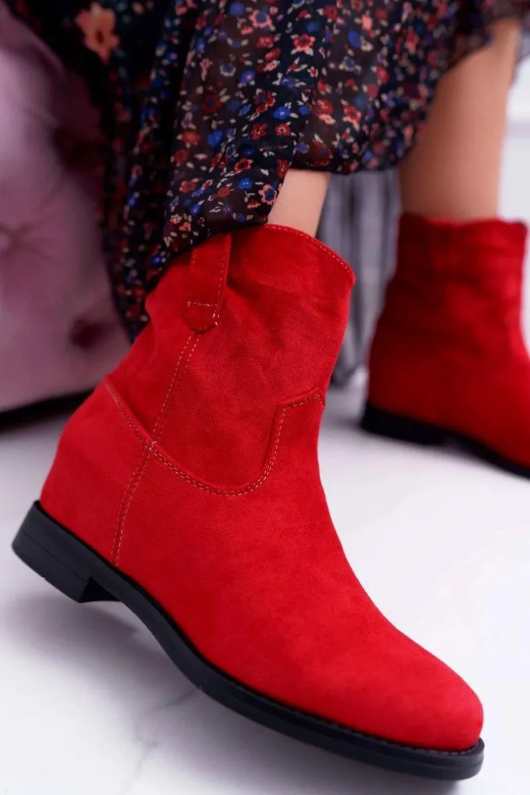 Botki Damskie Na Koturnie Płaski Obcas Ocieplane Za Kostkę Czerwone Demini