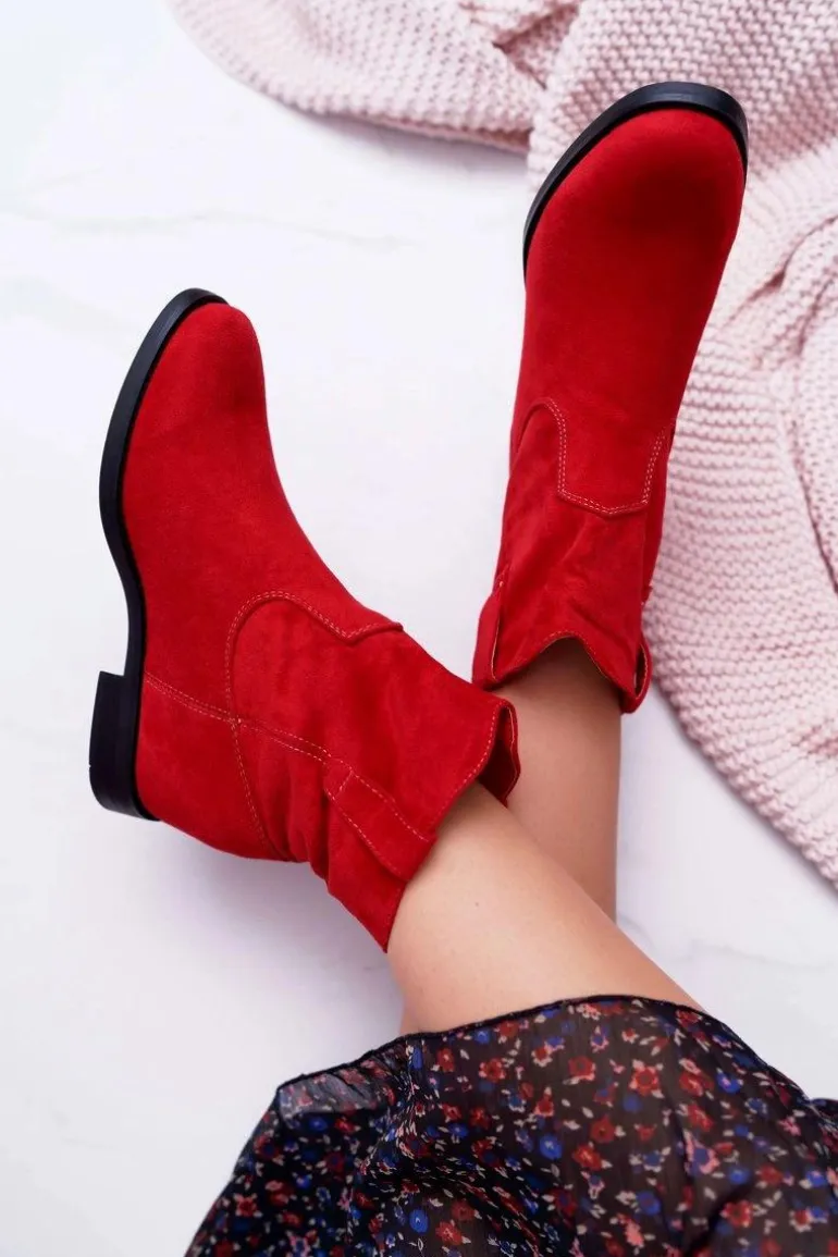 Botki Damskie Na Koturnie Płaski Obcas Ocieplane Za Kostkę Czerwone Demini