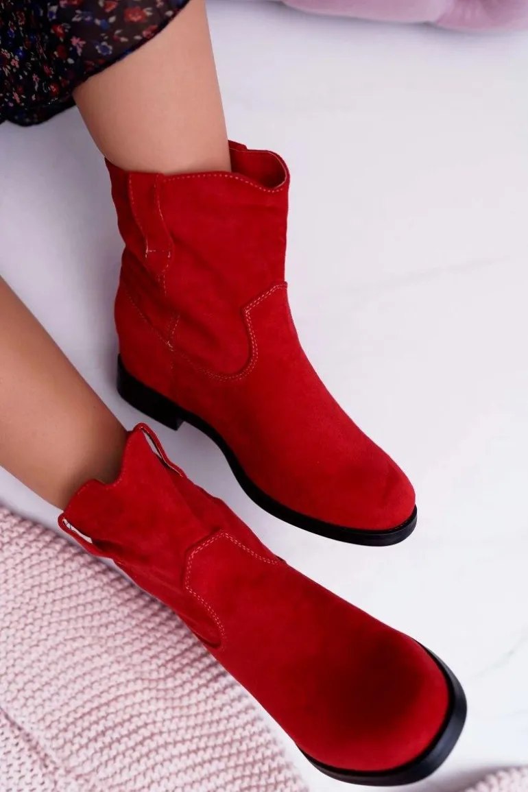 Botki Damskie Na Koturnie Płaski Obcas Ocieplane Za Kostkę Czerwone Demini