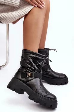 Botki Damskie Na Masywnej Podeszwie I Płaskim Obcasie Czarne Werikse