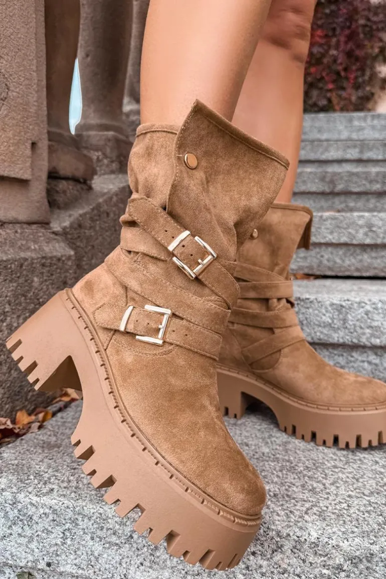 Botki Damskie Na Masywnym Obcasie Z Klamrami I Paskiem Khaki Nerelisa