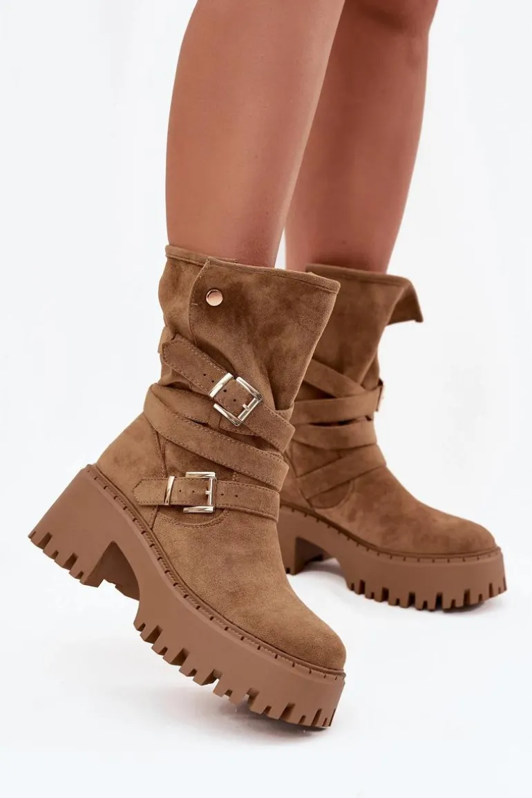 Botki Damskie Na Masywnym Obcasie Z Klamrami I Paskiem Khaki Nerelisa