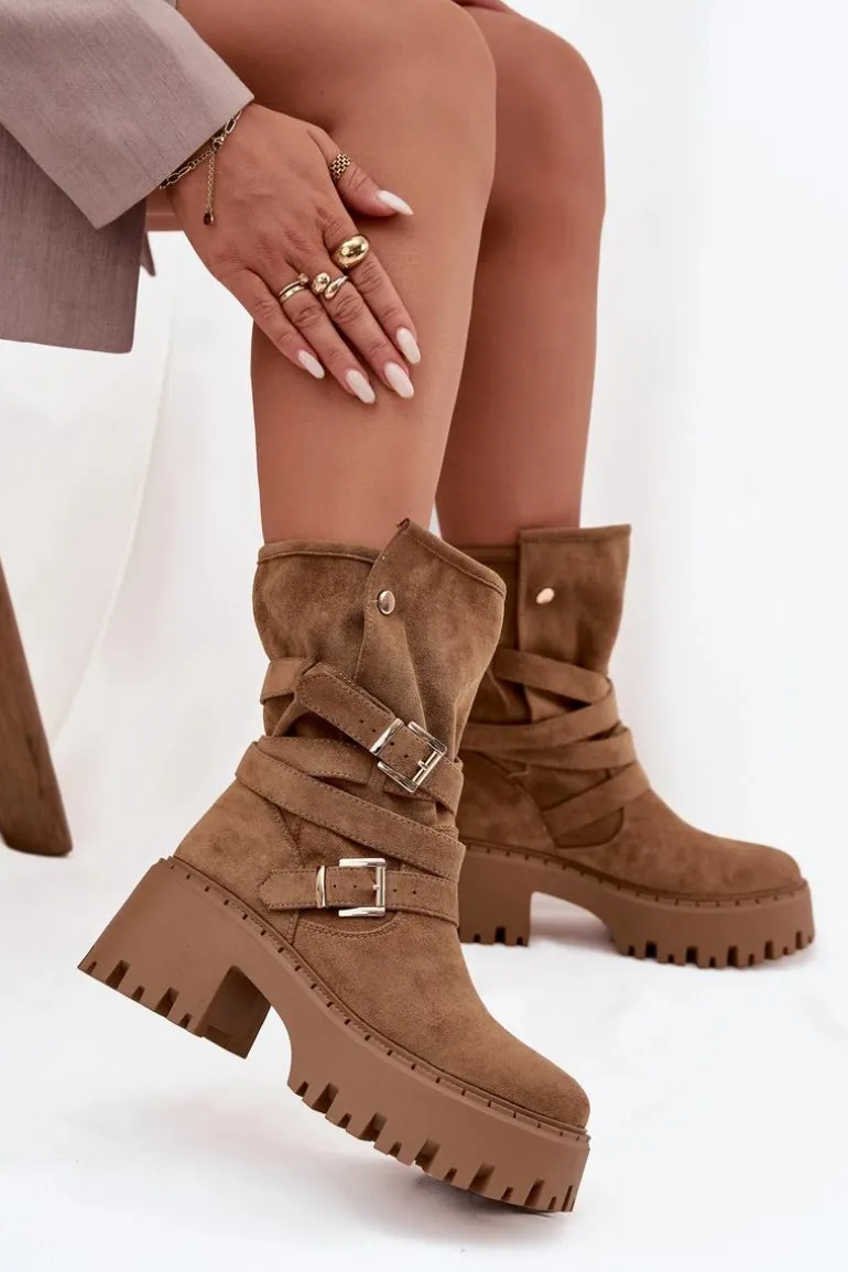 Botki Damskie Na Masywnym Obcasie Z Klamrami I Paskiem Khaki Nerelisa
