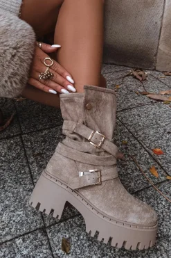 Botki Damskie Na Masywnym Obcasie Z Klamrami I Paskiem Beżowe Nerelisa