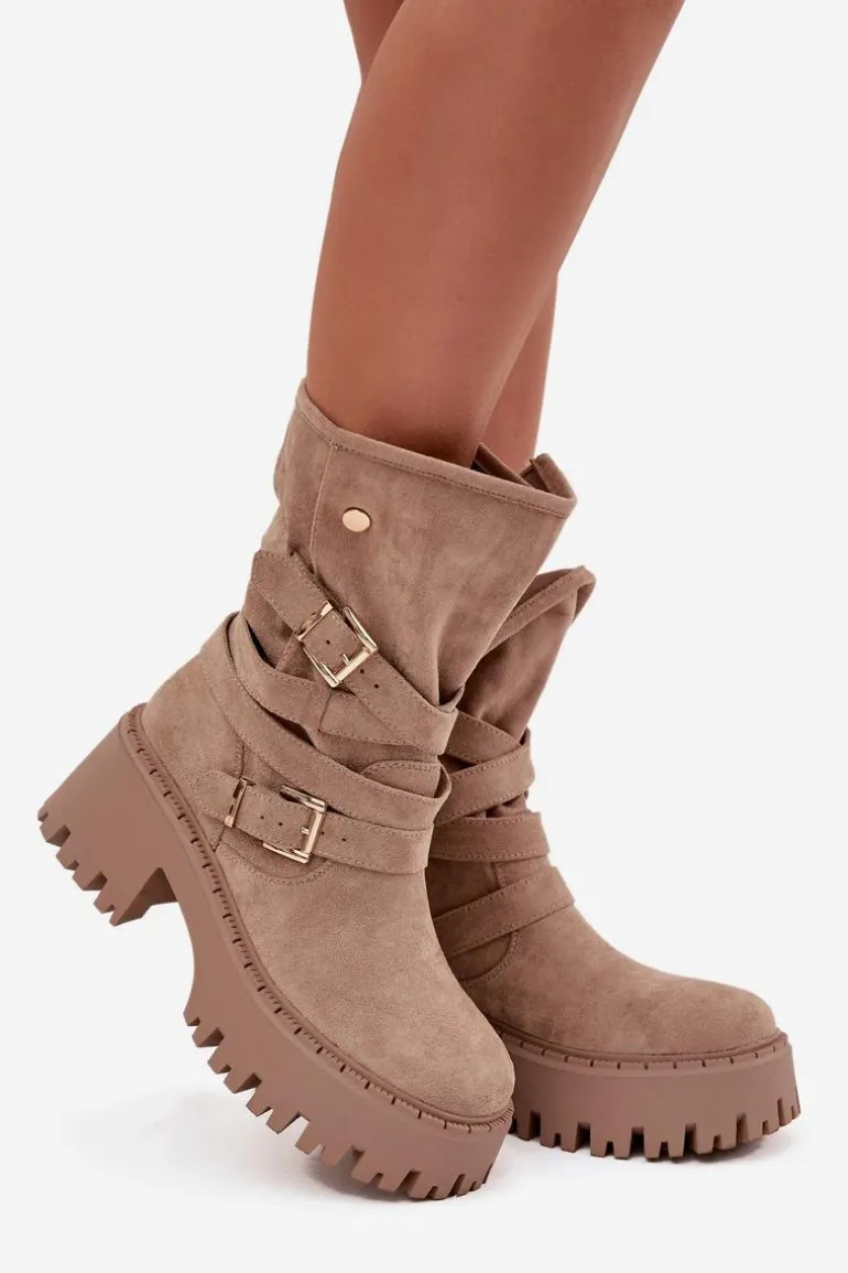 Botki Damskie Na Masywnym Obcasie Z Klamrami I Paskiem Beżowe Nerelisa