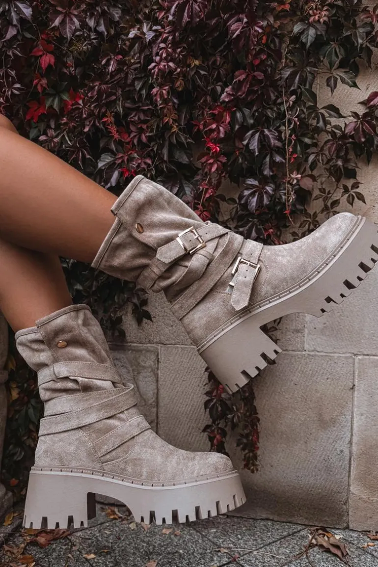 Botki Damskie Na Masywnym Obcasie Z Klamrami I Paskiem Beżowe Nerelisa