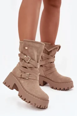 Botki Damskie Na Masywnym Obcasie Z Klamrami I Paskiem Beżowe Nerelisa