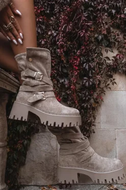 Botki Damskie Na Masywnym Obcasie Z Klamrami I Paskiem Beżowe Nerelisa