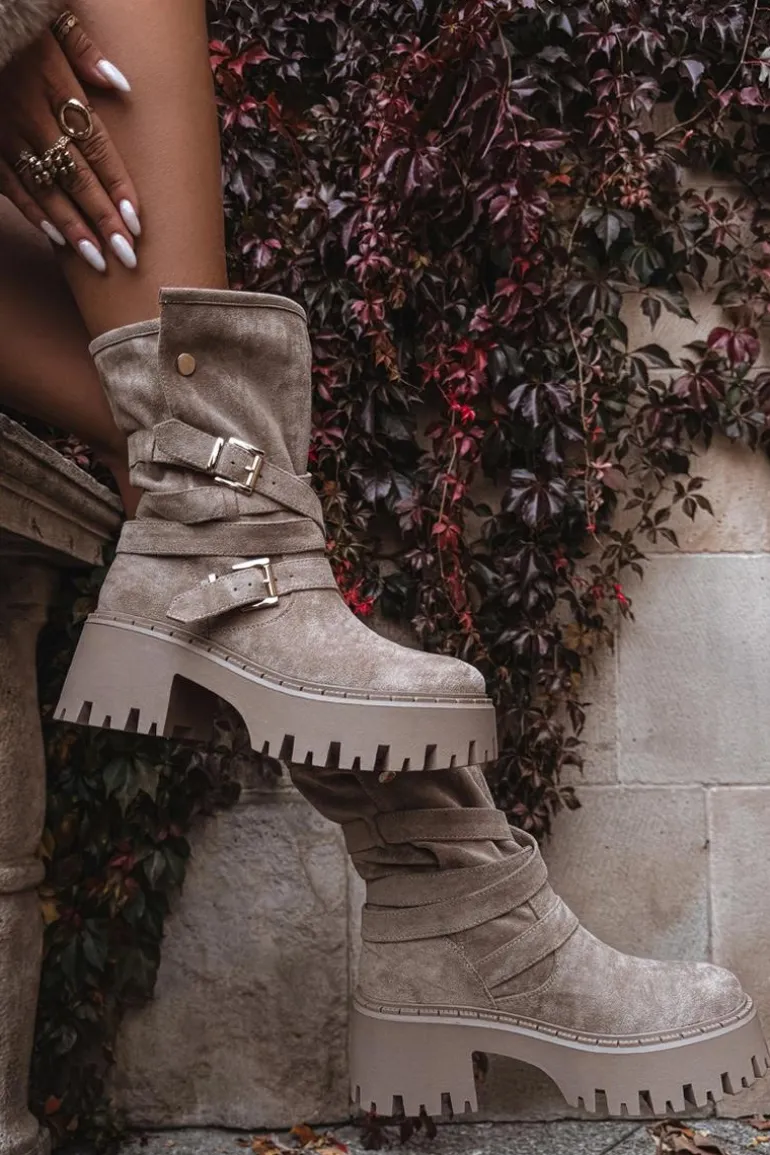 Botki Damskie Na Masywnym Obcasie Z Klamrami I Paskiem Beżowe Nerelisa