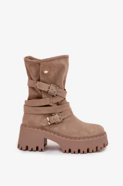 Botki Damskie Na Masywnym Obcasie Z Klamrami I Paskiem Beżowe Nerelisa