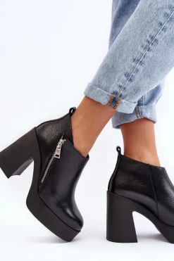 Botki Damskie Na Masywnym Słupku Z Suwakiem 1755 Zazoo Czarne