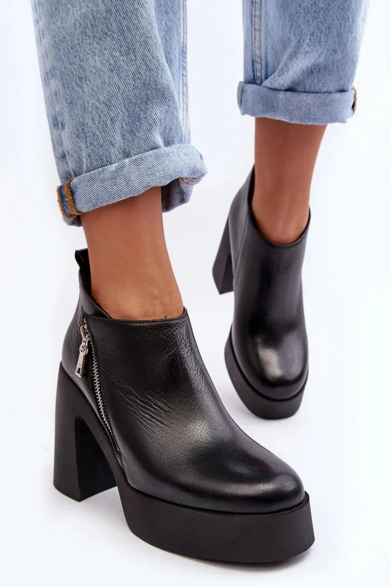 Botki Damskie Na Masywnym Słupku Z Suwakiem 1755 Zazoo Czarne