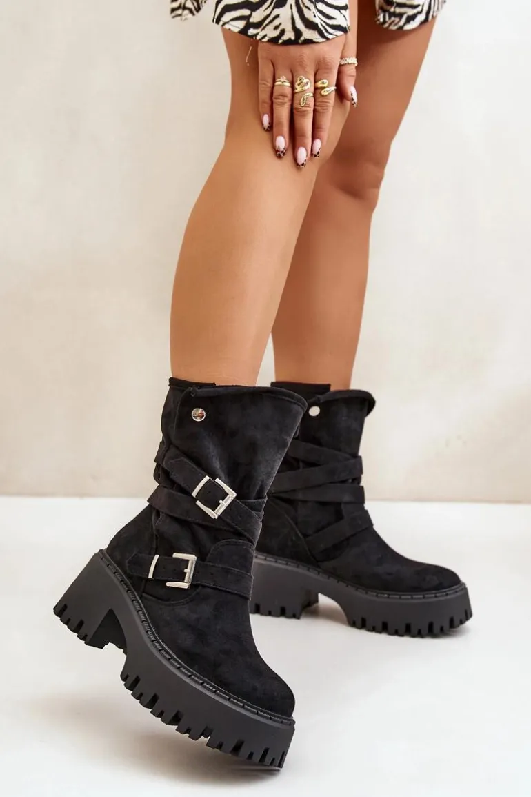 Botki Damskie Na Masywnym Obcasie Z Klamrami I Paskiem Czarne Nerelisa