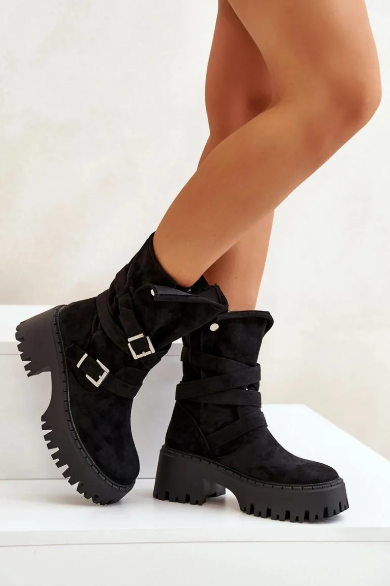 Botki Damskie Na Masywnym Obcasie Z Klamrami I Paskiem Czarne Nerelisa