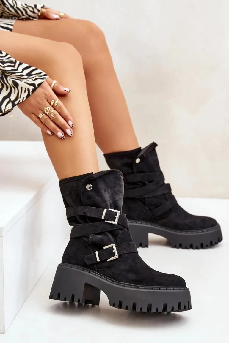 Botki Damskie Na Masywnym Obcasie Z Klamrami I Paskiem Czarne Nerelisa