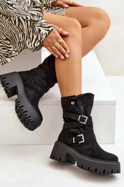 Botki Damskie Na Masywnym Obcasie Z Klamrami I Paskiem Czarne Nerelisa