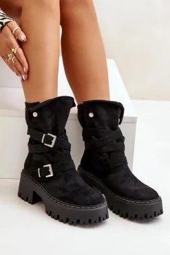 Botki Damskie Na Masywnym Obcasie Z Klamrami I Paskiem Czarne Nerelisa