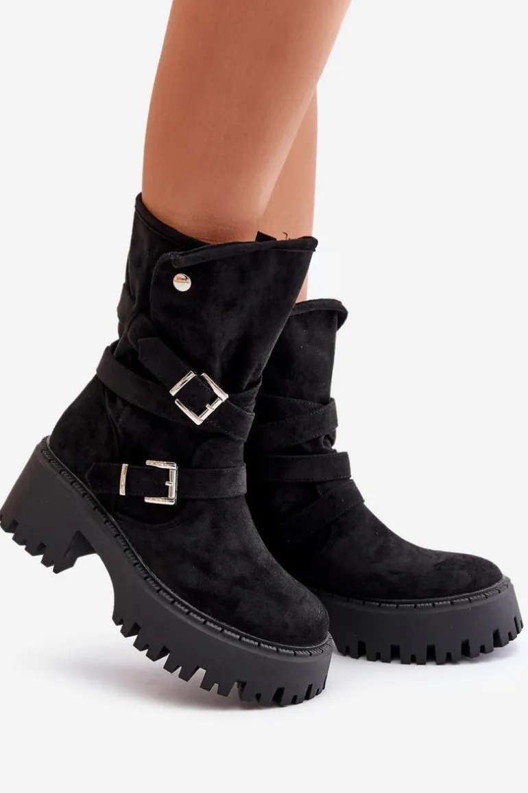 Botki Damskie Na Masywnym Obcasie Z Klamrami I Paskiem Czarne Nerelisa