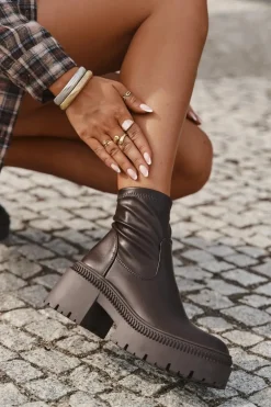 Botki Damskie Na Masywnym Obcasie I Platformie Eko Skórzane Brązowe Elvianne