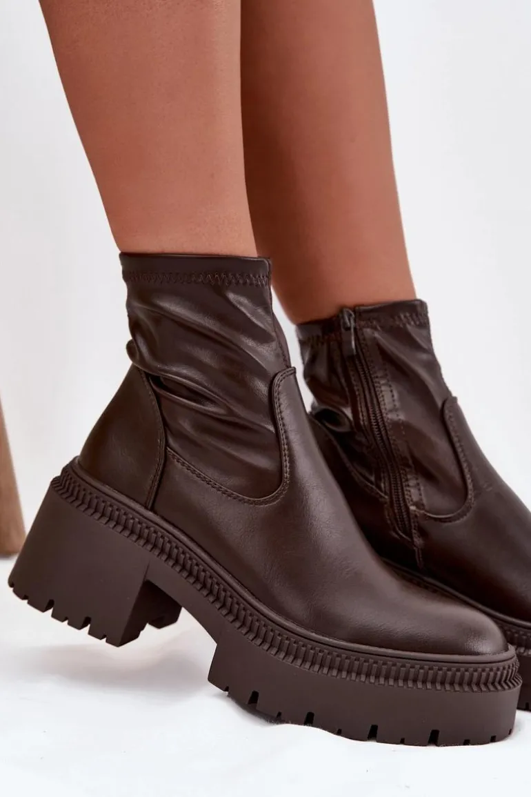 Botki Damskie Na Masywnym Obcasie I Platformie Eko Skórzane Brązowe Elvianne