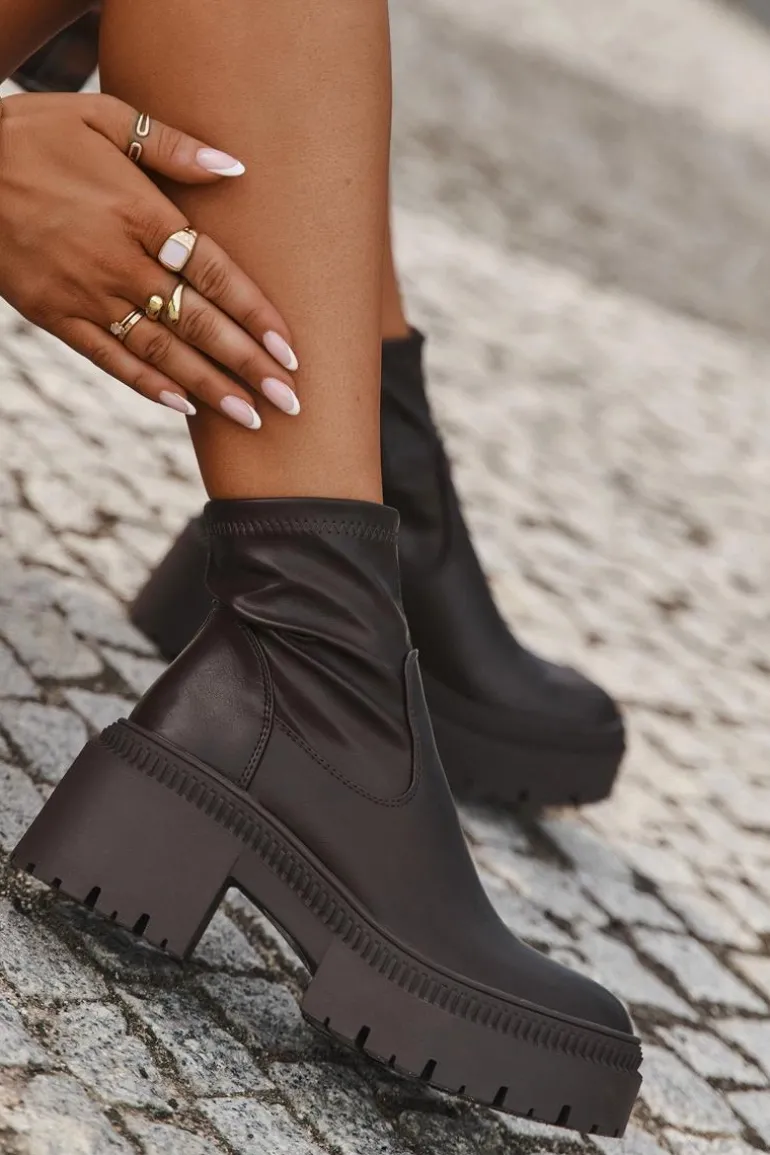 Botki Damskie Na Masywnym Obcasie I Platformie Eko Skórzane Brązowe Elvianne