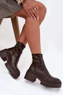 Botki Damskie Na Masywnym Obcasie I Platformie Eko Skórzane Brązowe Elvianne