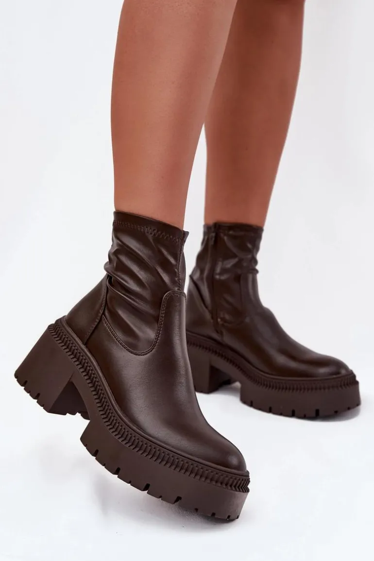 Botki Damskie Na Masywnym Obcasie I Platformie Eko Skórzane Brązowe Elvianne