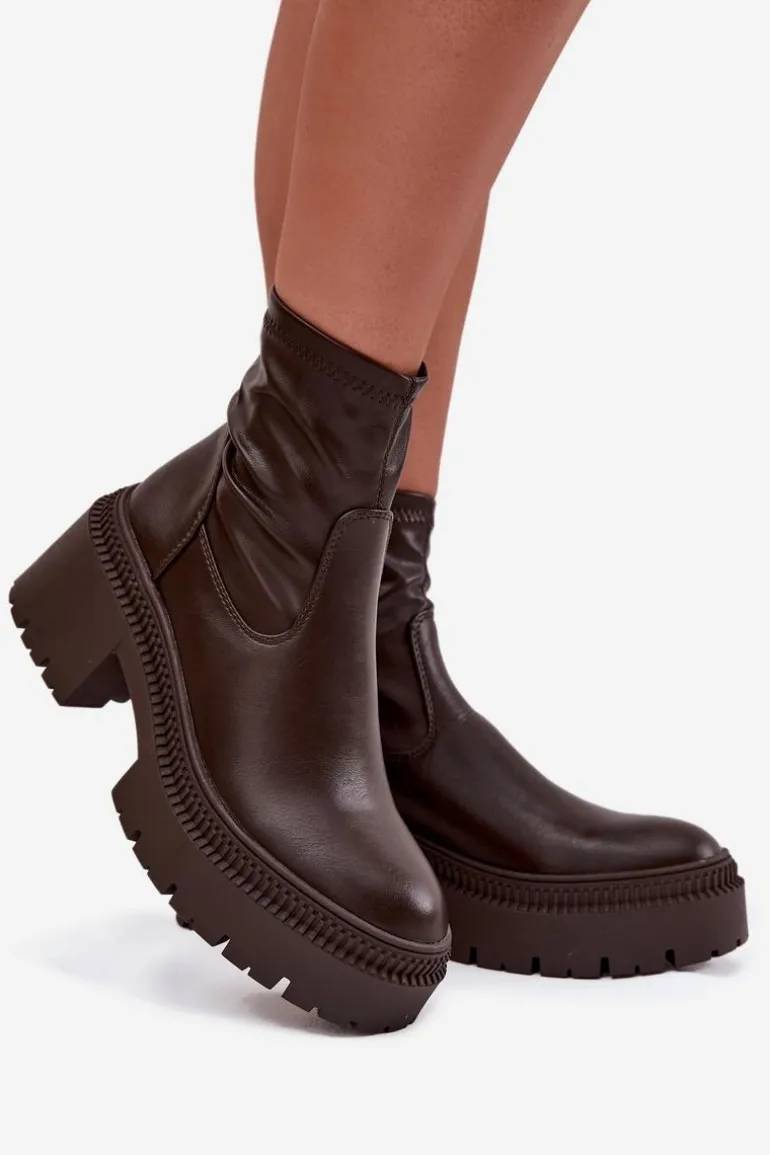 Botki Damskie Na Masywnym Obcasie I Platformie Eko Skórzane Brązowe Elvianne