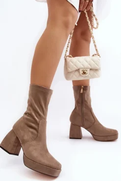 Botki Damskie Na Masywnym Obcasie I Platformie Ciemnobeżowe Adelles