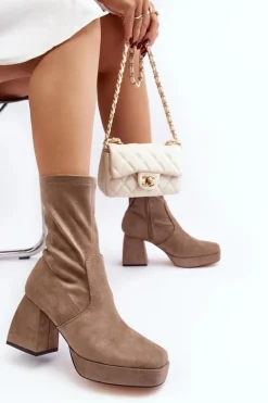 Botki Damskie Na Masywnym Obcasie I Platformie Ciemnobeżowe Adelles