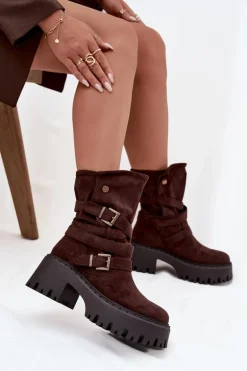 Botki Damskie Na Masywnym Obcasie Z Klamrami I Paskiem Czekoladowe Nerelisa