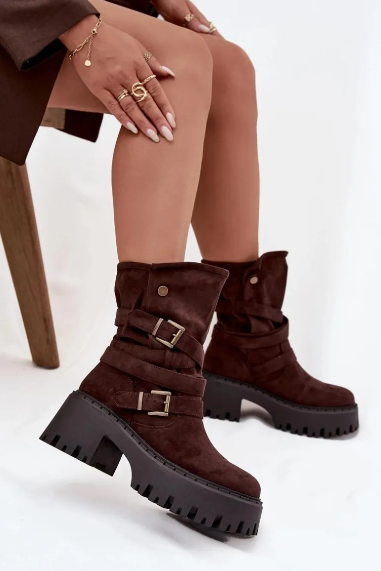 Botki Damskie Na Masywnym Obcasie Z Klamrami I Paskiem Czekoladowe Nerelisa