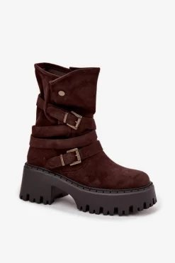 Botki Damskie Na Masywnym Obcasie Z Klamrami I Paskiem Czekoladowe Nerelisa