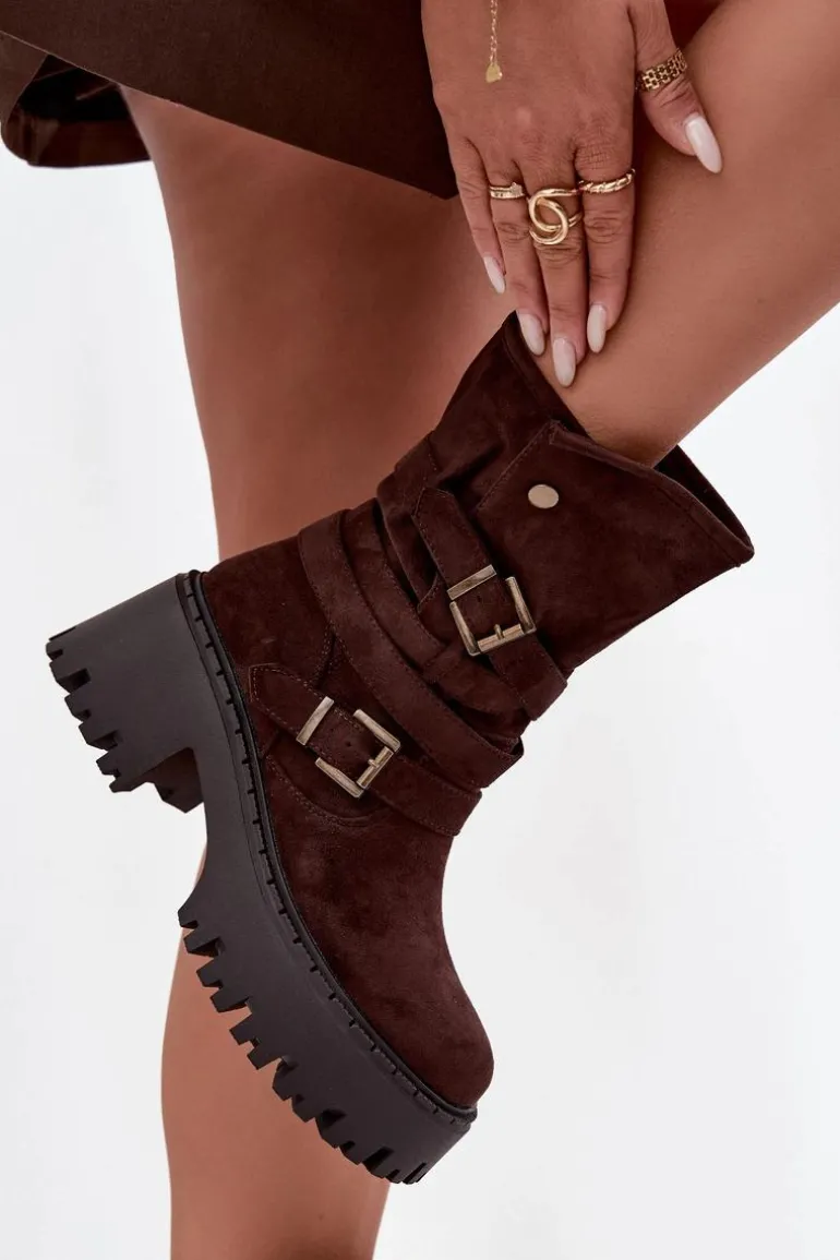 Botki Damskie Na Masywnym Obcasie Z Klamrami I Paskiem Czekoladowe Nerelisa