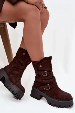 Botki Damskie Na Masywnym Obcasie Z Klamrami I Paskiem Czekoladowe Nerelisa