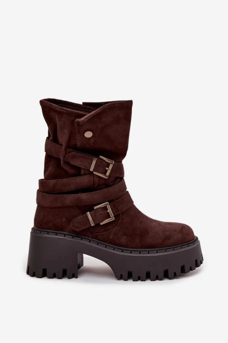 Botki Damskie Na Masywnym Obcasie Z Klamrami I Paskiem Czekoladowe Nerelisa